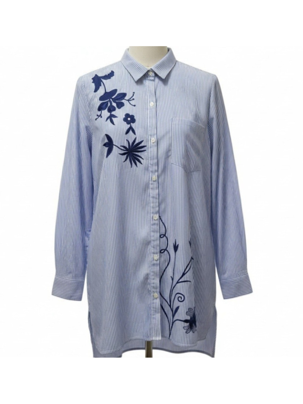 Motherhood Maternity Women’s Striped Long-Sleeves Blue Embroidered Shirt Large